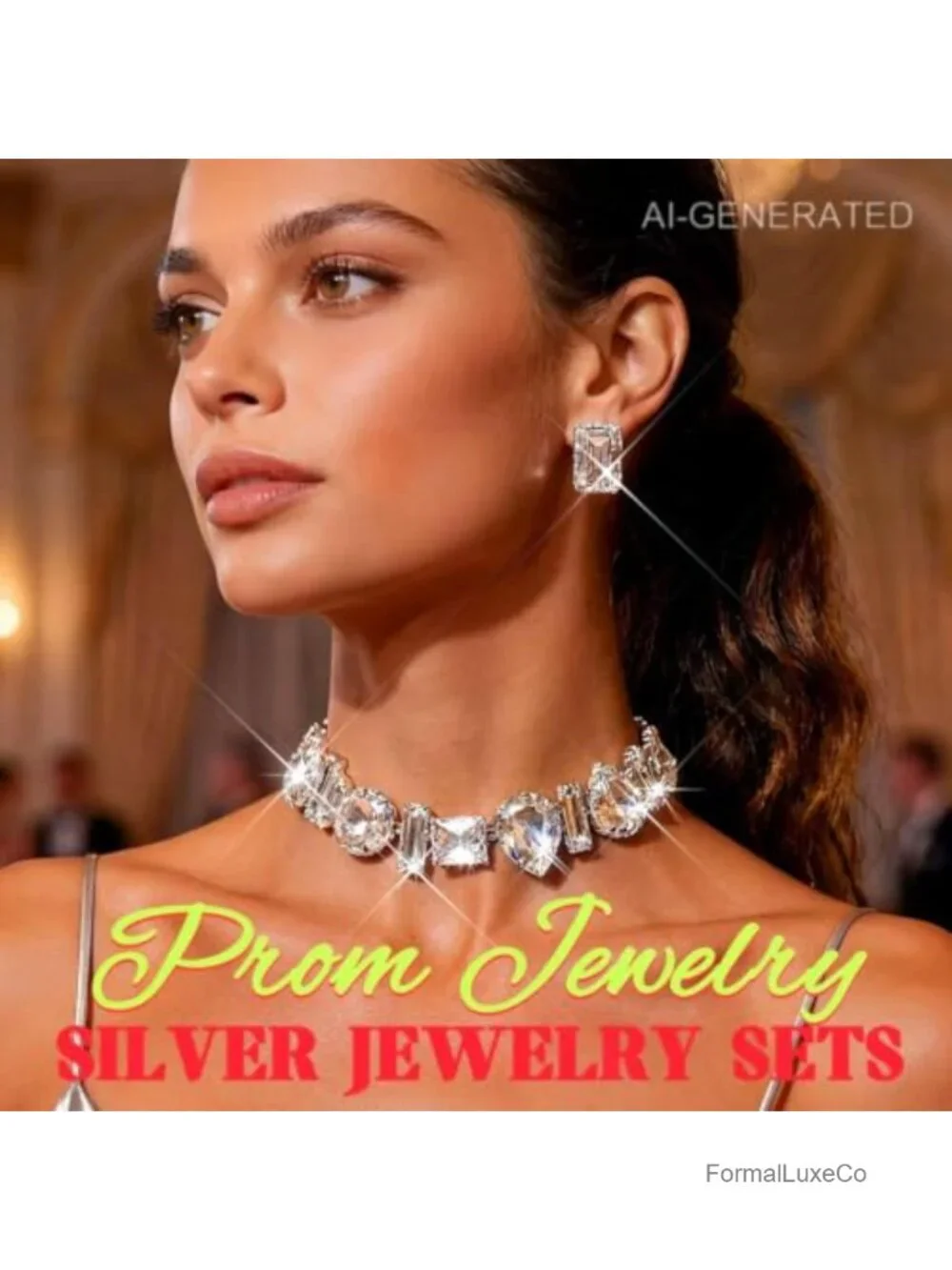 Rhinestone Choker Necklace and Earrings Set Sparkly Jewelry for Women Silver
